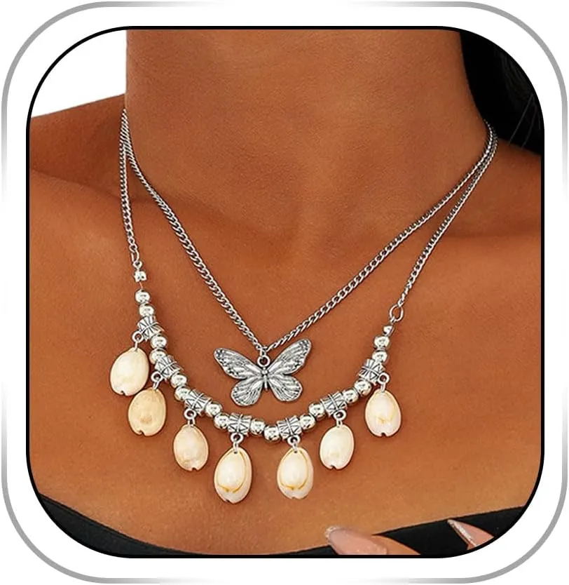 Summer Layered Shell Necklace Butterfly Pendant Necklaces Silver Beaded Necklaces for Women