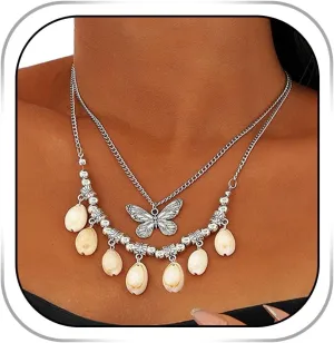 Summer Layered Shell Necklace Butterfly Pendant Necklaces Silver Beaded Necklaces for Women