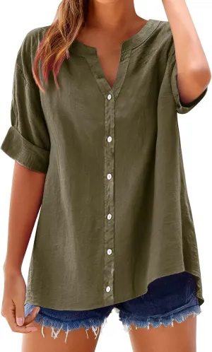 Summer Linen Work Tops for Women Trendy Button Down Plus Size V Neck Boho Clothes Spring Tops for Women 2025