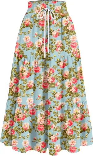 Summer Maxi Skirts for Women 2025 Boho Drawstring Elastic High Waist Long Skirts A Line Floral Pleated Tiered Skirt