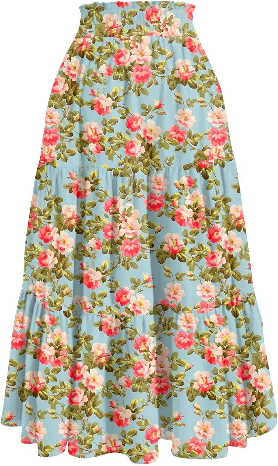 Summer Maxi Skirts for Women 2025 Boho Drawstring Elastic High Waist Long Skirts A Line Floral Pleated Tiered Skirt
