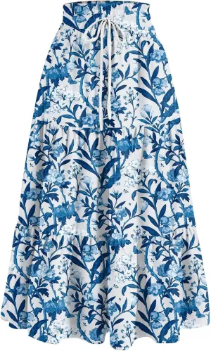 Summer Maxi Skirts for Women Boho Drawstring Elastic High Waist Long Skirts A Line Floral Pleated Tiered Loose Skirt