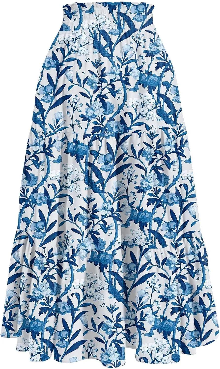 Summer Maxi Skirts for Women Boho Drawstring Elastic High Waist Long Skirts A Line Floral Pleated Tiered Loose Skirt