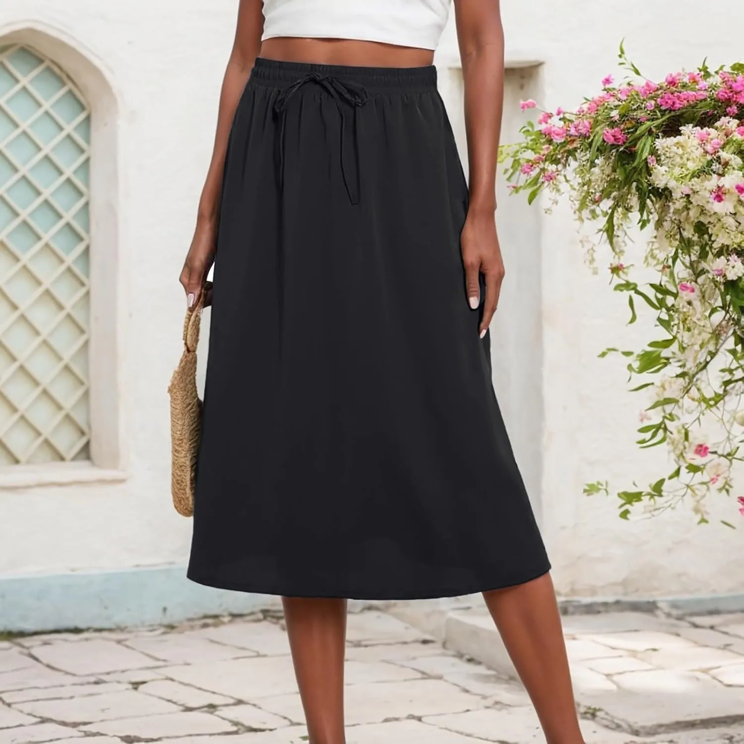 Summer Midi Skirt for Women Elastic Waist Flowy Floral Long Skirts Boho Vacation Beach A-Line Skirts 2025 Fashion