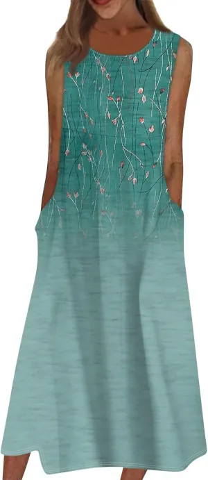 Summer Off The Shoulder Midi Sundresses for Women,Trendy Sleeveless Plus Size Casual Flowy Formal Floral Tank Dress