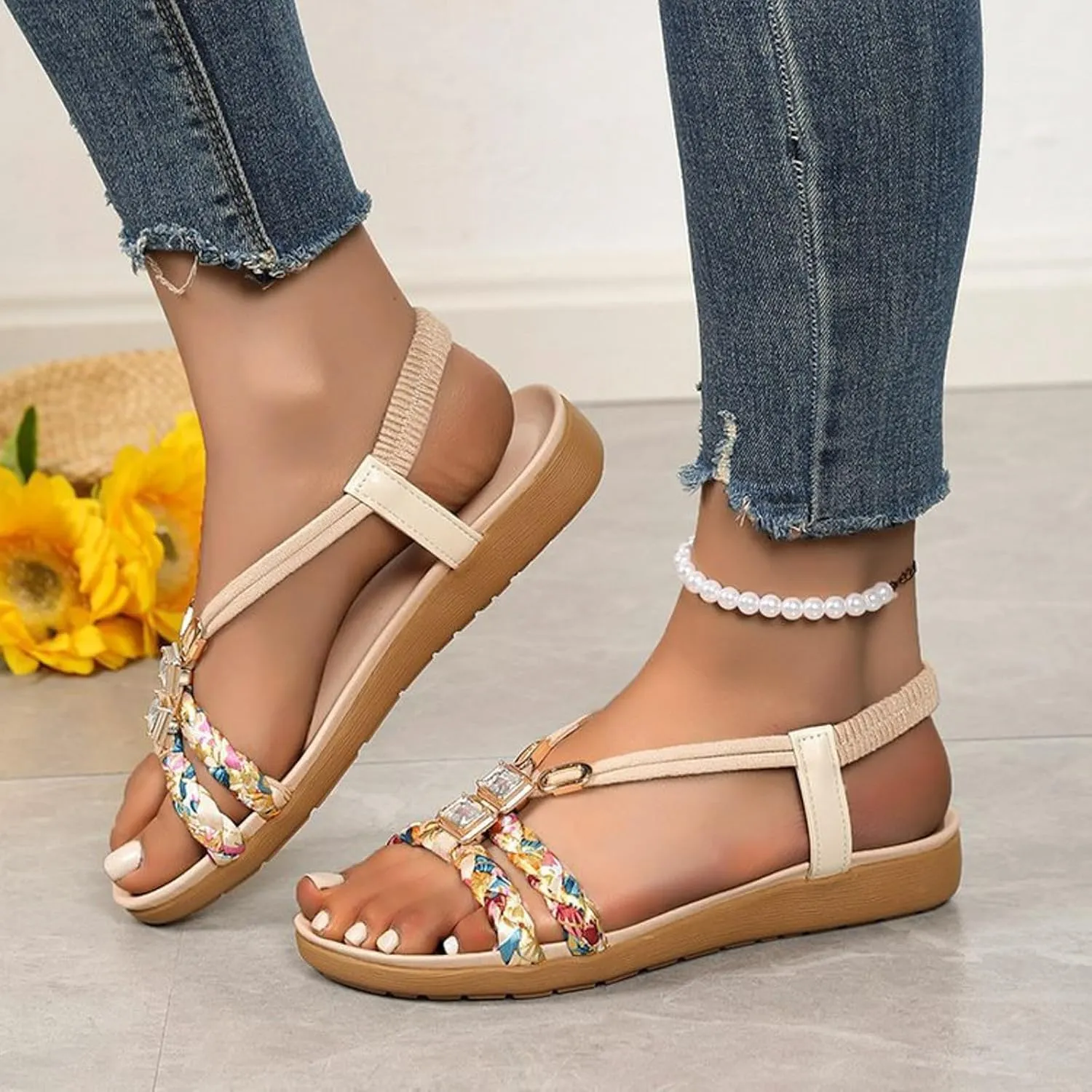 Summer Sandals for Women Bohemian Pearl Crystal Flat Sandal Open Toe Slip-On Casual Walking Shoes Comfortable Ankle Strap Outdoor Beach Shoes Orthopedic Arch Support Sandals