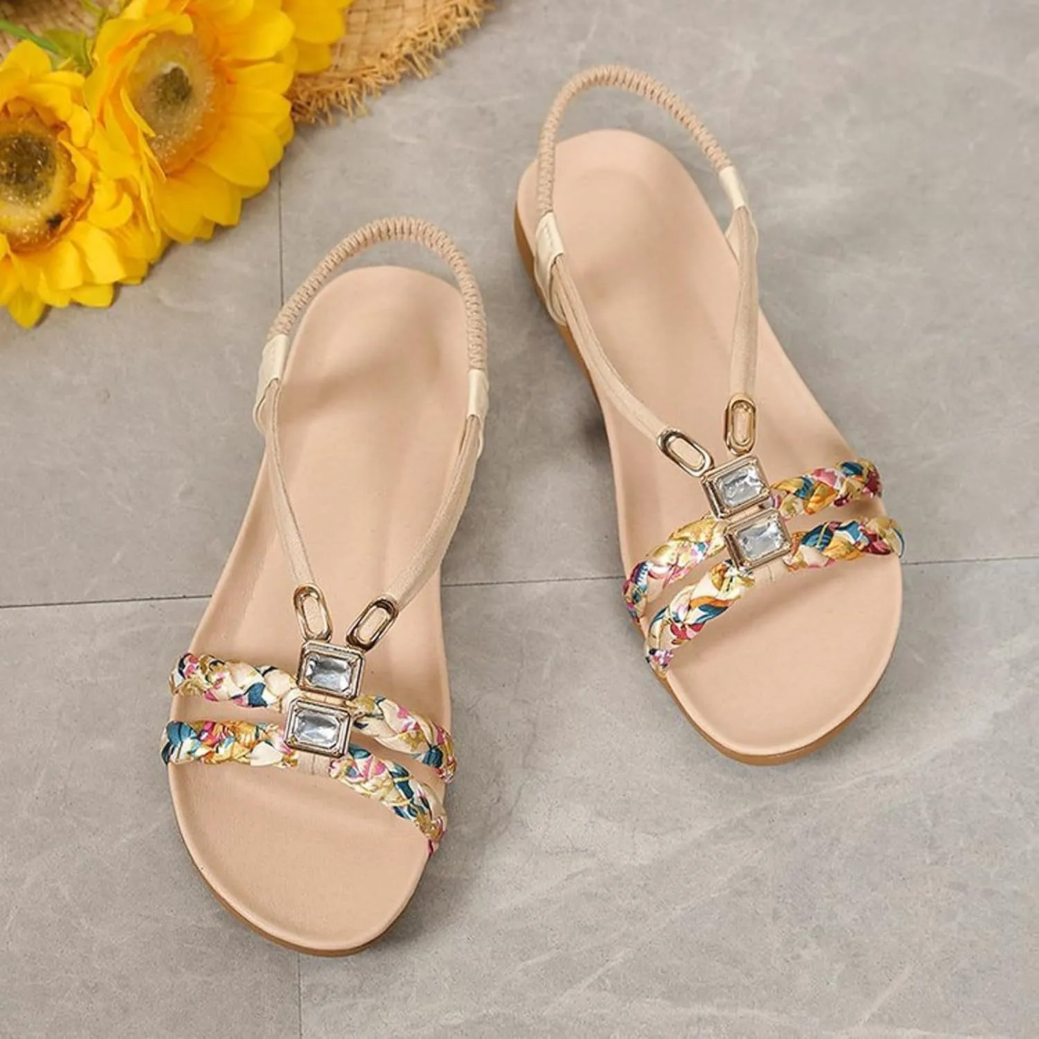 Summer Sandals for Women Bohemian Pearl Crystal Flat Sandal Open Toe Slip-On Casual Walking Shoes Comfortable Ankle Strap Outdoor Beach Shoes Orthopedic Arch Support Sandals