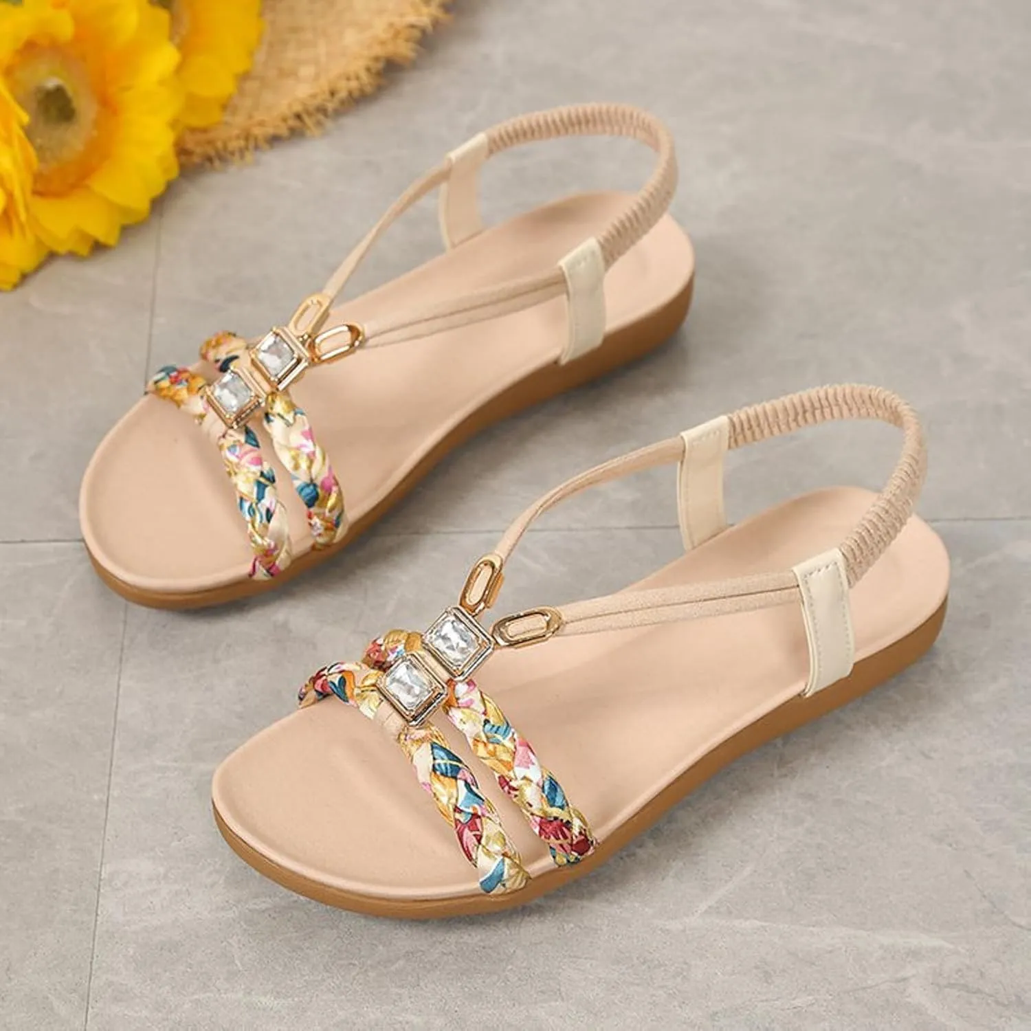 Summer Sandals for Women Bohemian Pearl Crystal Flat Sandal Open Toe Slip-On Casual Walking Shoes Comfortable Ankle Strap Outdoor Beach Shoes Orthopedic Arch Support Sandals