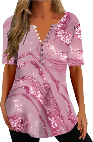 Summer Tops for Women 2024 Dressy Casual Boho Floral Print Tunic Shirts Short Sleeve Button Henley Tshirt Loose Blouse