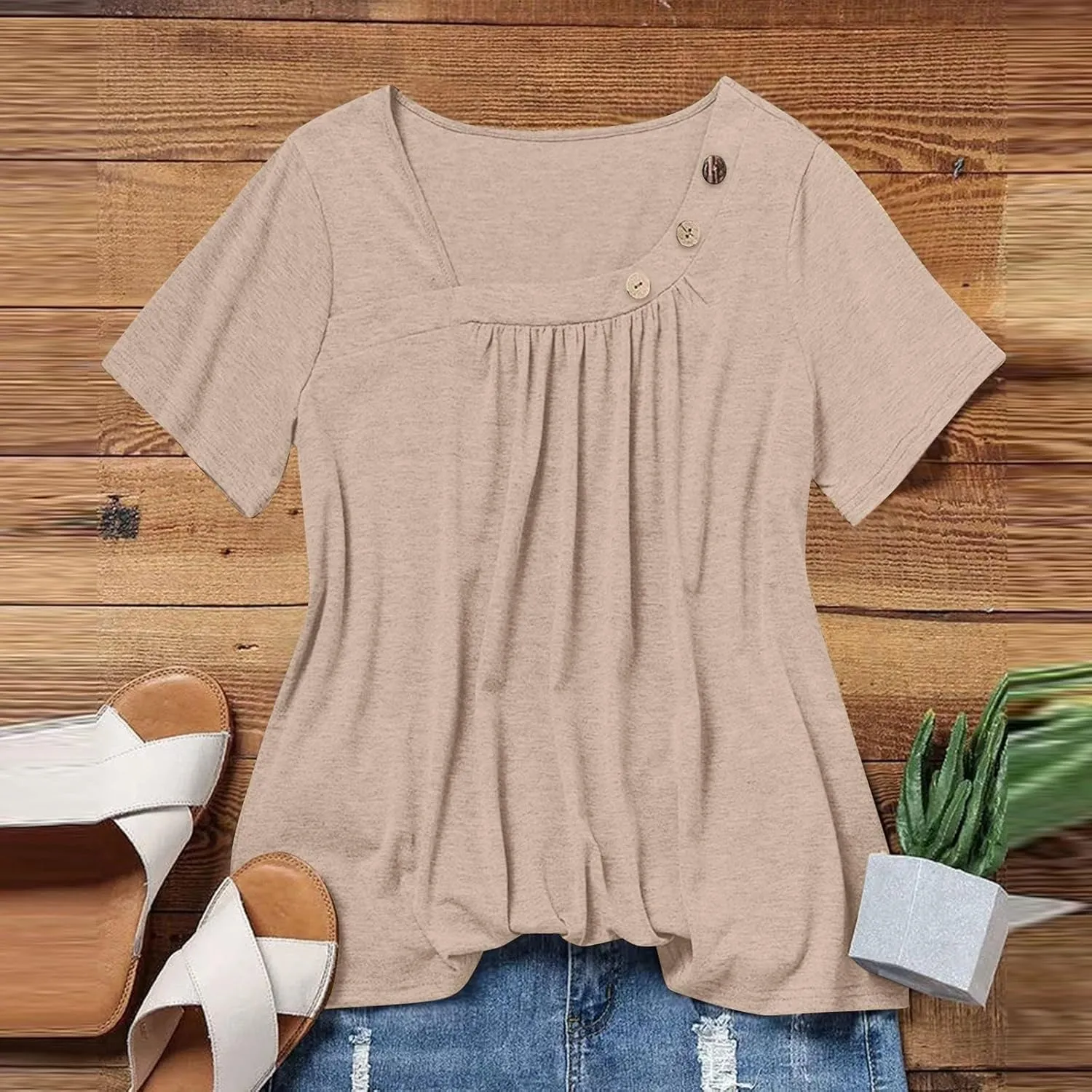 Summer Tops for Women 2025 Short Sleeve Shirts Dressy Casual Loose Fitted T-Shirts Button Decor Plain Tunic Tops Blouse