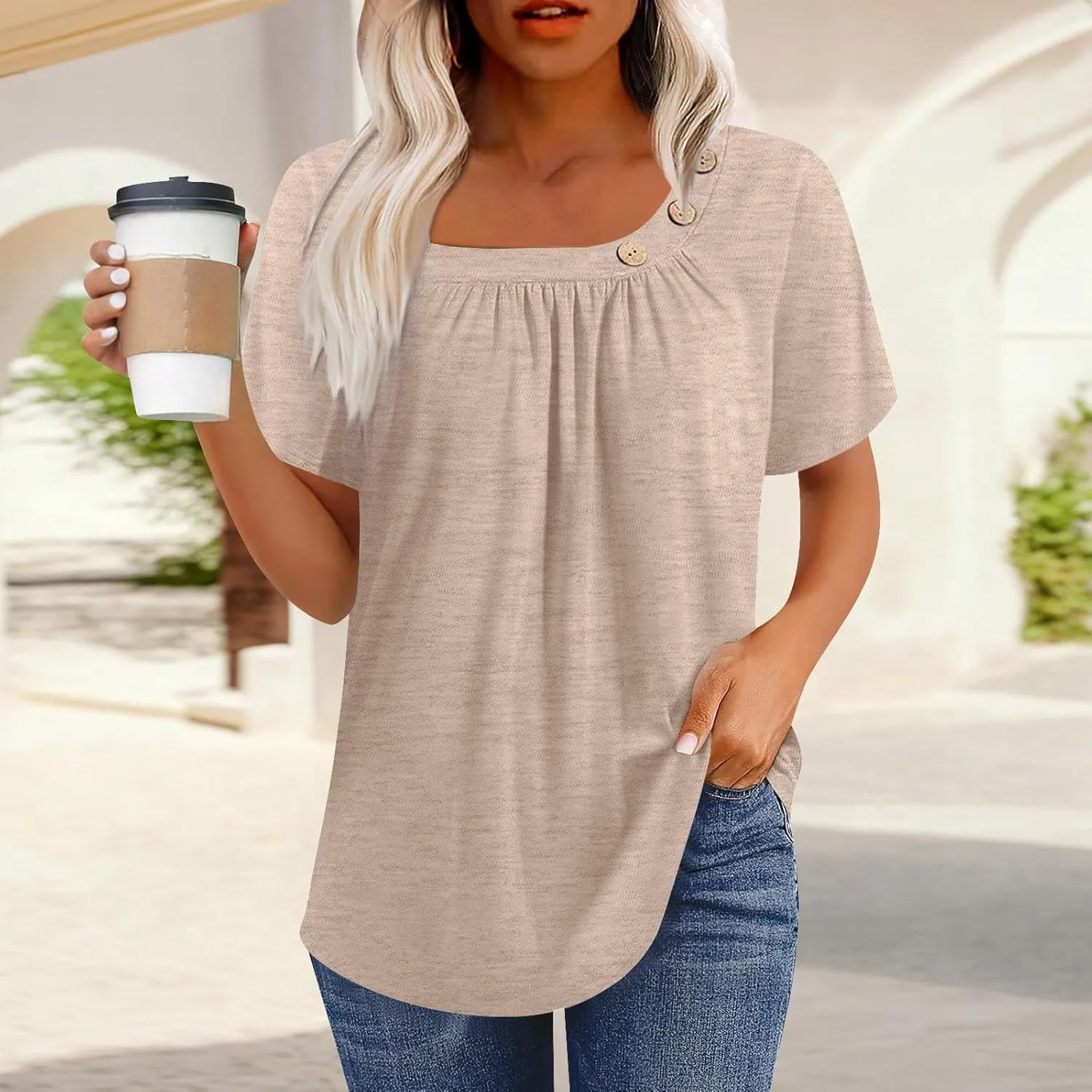 Summer Tops for Women 2025 Short Sleeve Shirts Dressy Casual Loose Fitted T-Shirts Button Decor Plain Tunic Tops Blouse