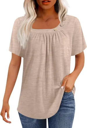 Summer Tops for Women 2025 Short Sleeve Shirts Dressy Casual Loose Fitted T-Shirts Button Decor Plain Tunic Tops Blouse