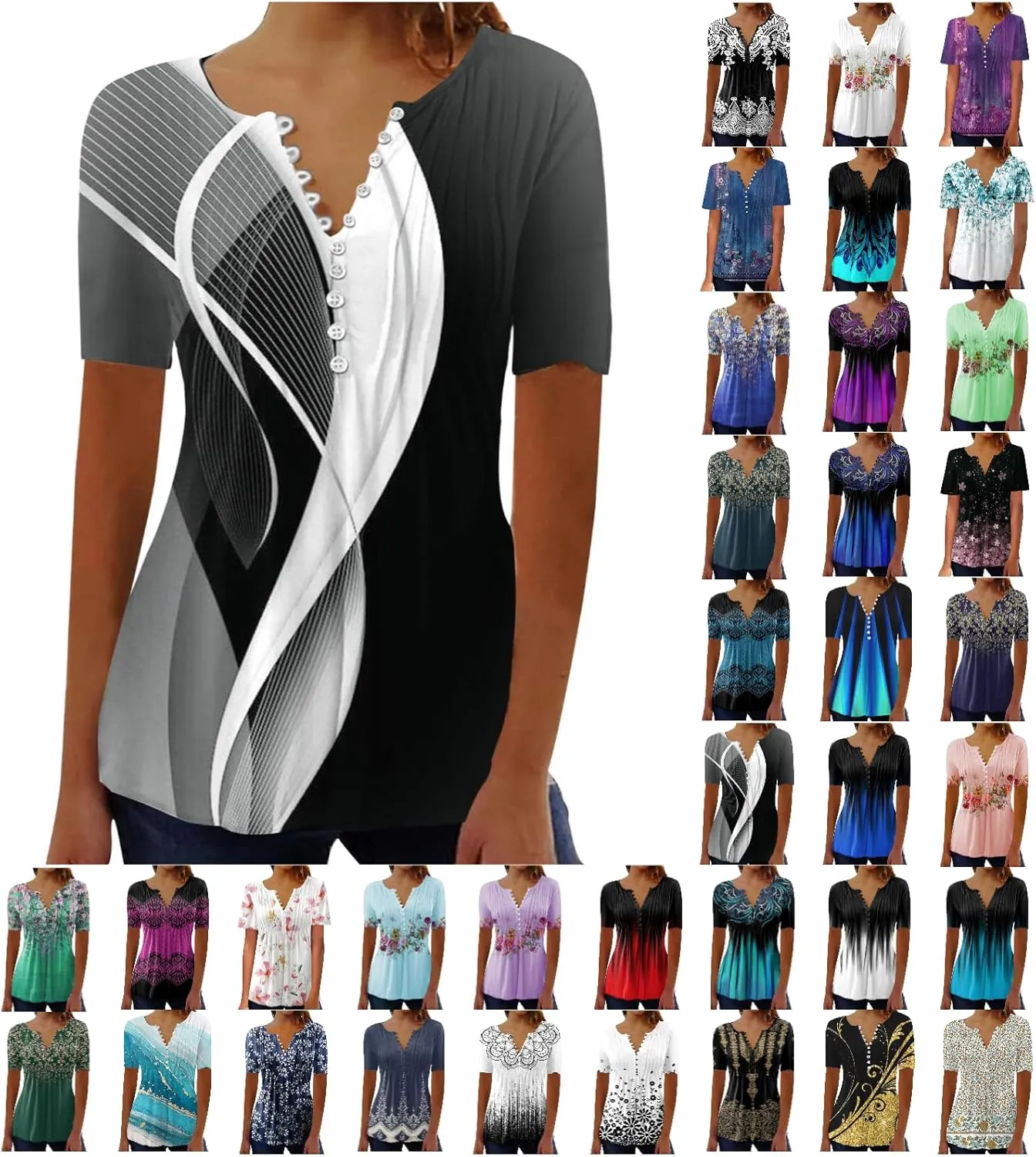 Summer Tops for Women 2025 Trendy Boho Floral Tunic Shirts Short Sleeve Button V Neck Tee Dressy Casual Loose Blouses