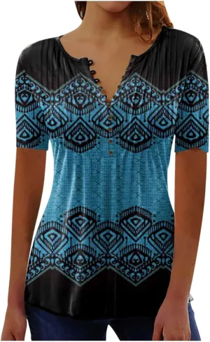 Summer Tops for Women 2025 Trendy Boho Floral Tunic Shirts Short Sleeve Button V Neck Tee Dressy Casual Loose Blouses