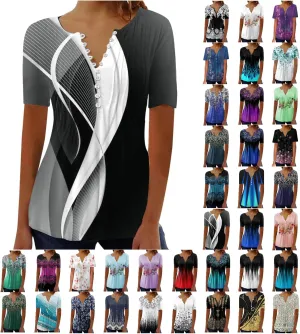 Summer Tops for Women 2025 Trendy Boho Floral Tunic Shirts Short Sleeve Button V Neck Tee Dressy Casual Loose Blouses