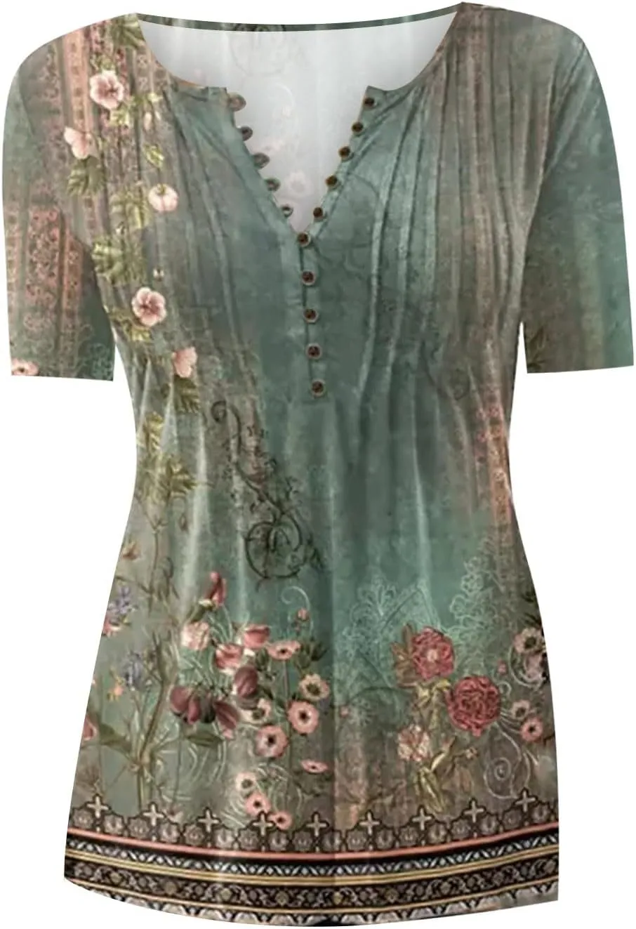 Summer Tops for Women 2025 Trendy Boho Floral Tunic Shirts Short Sleeve Button V Neck Tee Dressy Casual Loose Blouses