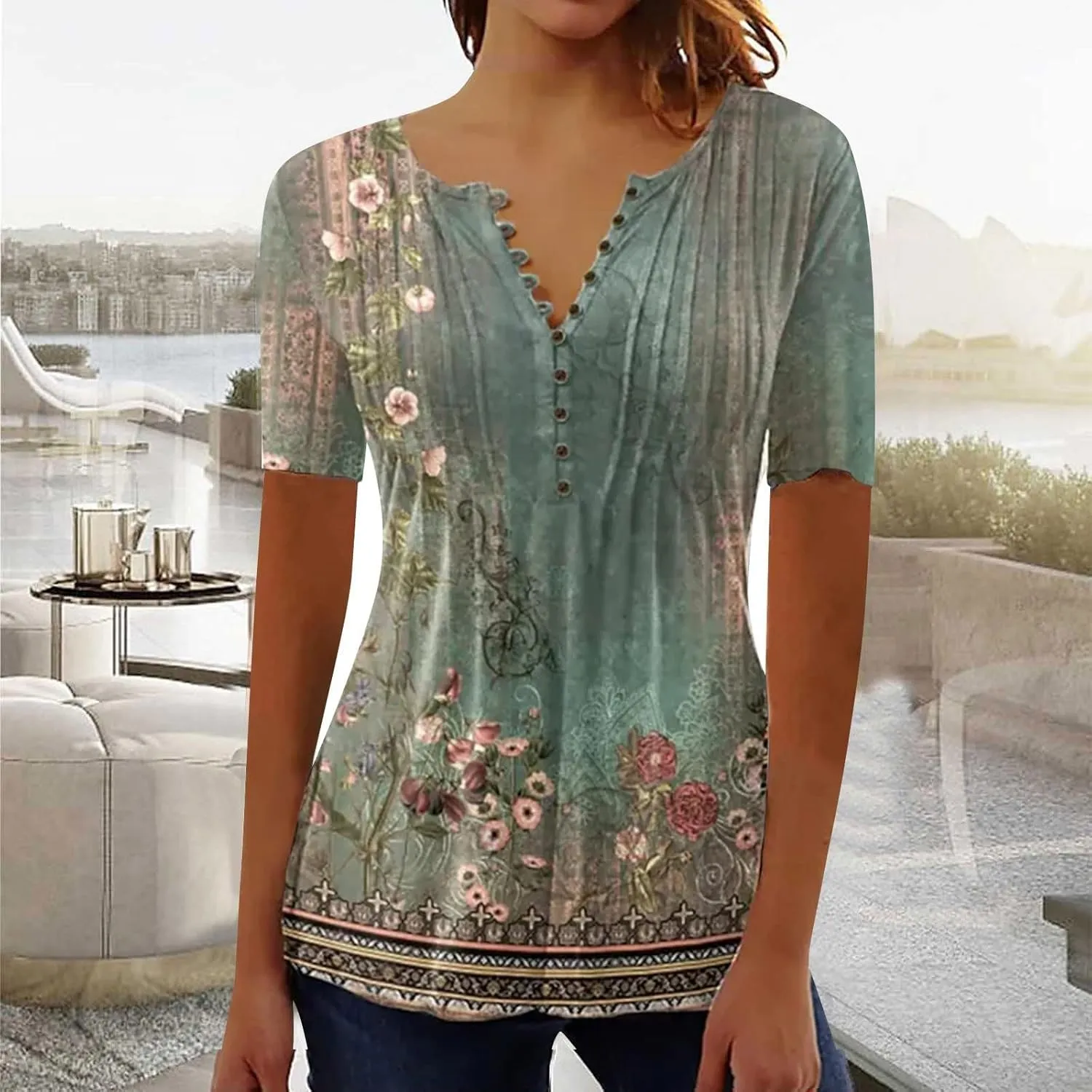 Summer Tops for Women 2025 Trendy Boho Floral Tunic Shirts Short Sleeve Button V Neck Tee Dressy Casual Loose Blouses