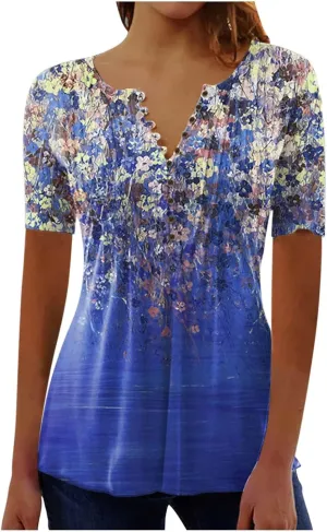 Summer Tops for Women 2025 Trendy Boho Floral Tunic Shirts Short Sleeve Button V Neck Tee Dressy Casual Loose Blouses
