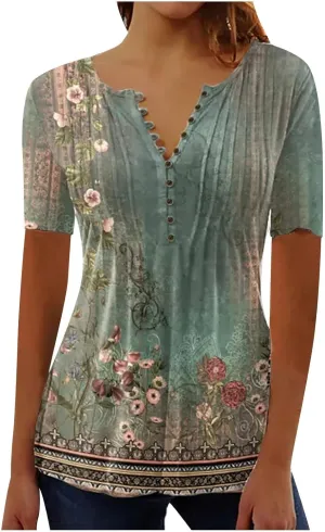 Summer Tops for Women 2025 Trendy Boho Floral Tunic Shirts Short Sleeve Button V Neck Tee Dressy Casual Loose Blouses