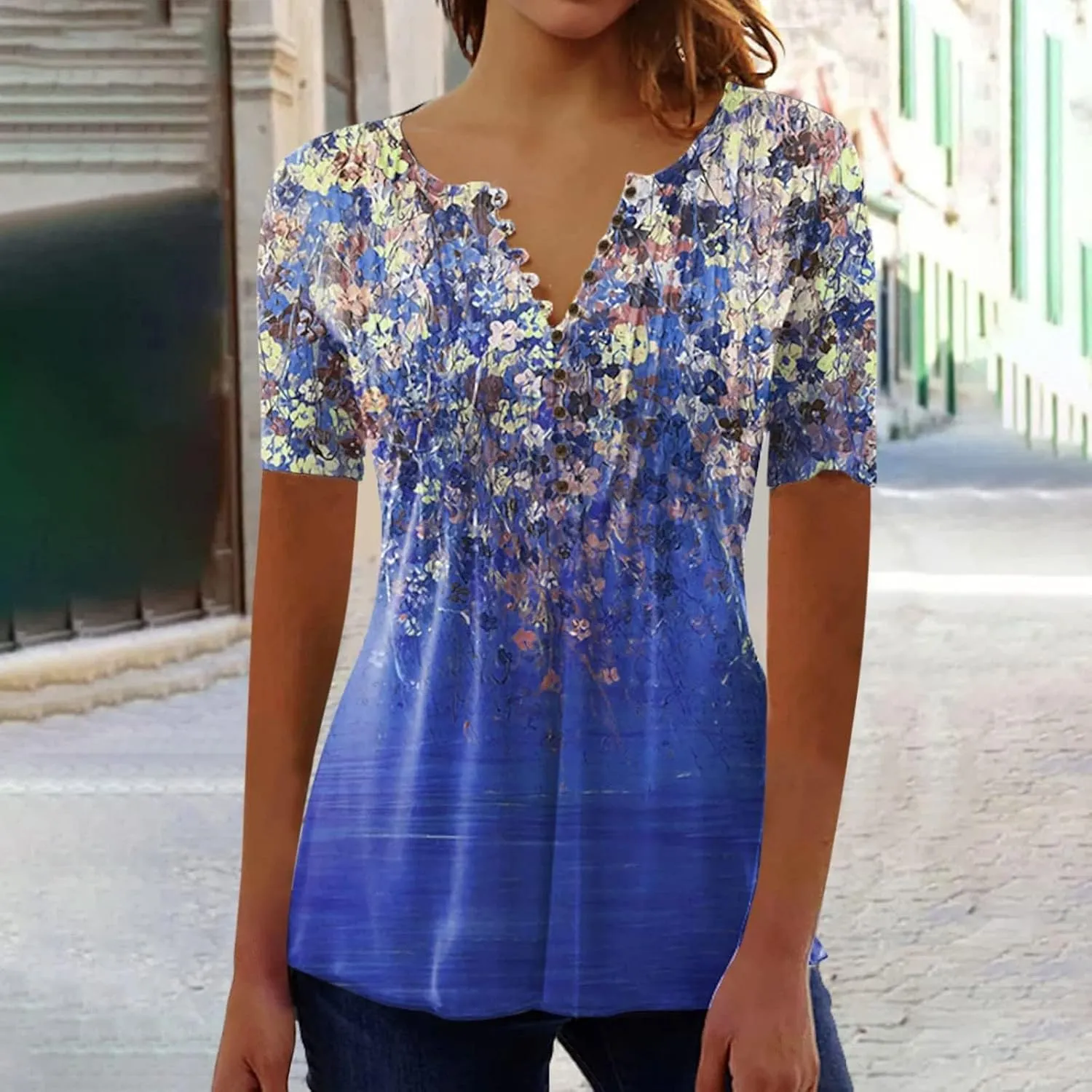 Summer Tops for Women 2025 Trendy Boho Floral Tunic Shirts Short Sleeve Button V Neck Tee Dressy Casual Loose Blouses