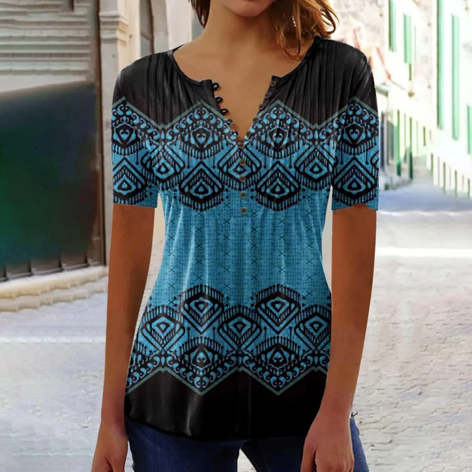 Summer Tops for Women 2025 Trendy Boho Floral Tunic Shirts Short Sleeve Button V Neck Tee Dressy Casual Loose Blouses
