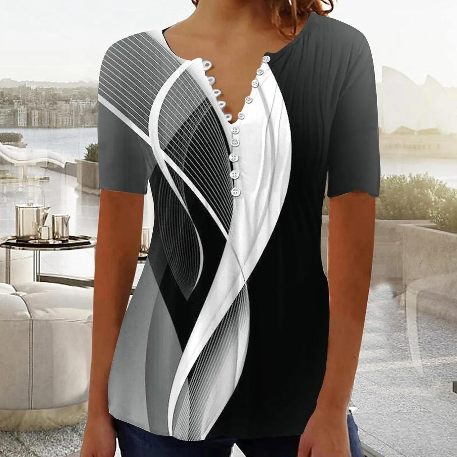 Summer Tops for Women 2025 Trendy Boho Floral Tunic Shirts Short Sleeve Button V Neck Tee Dressy Casual Loose Blouses