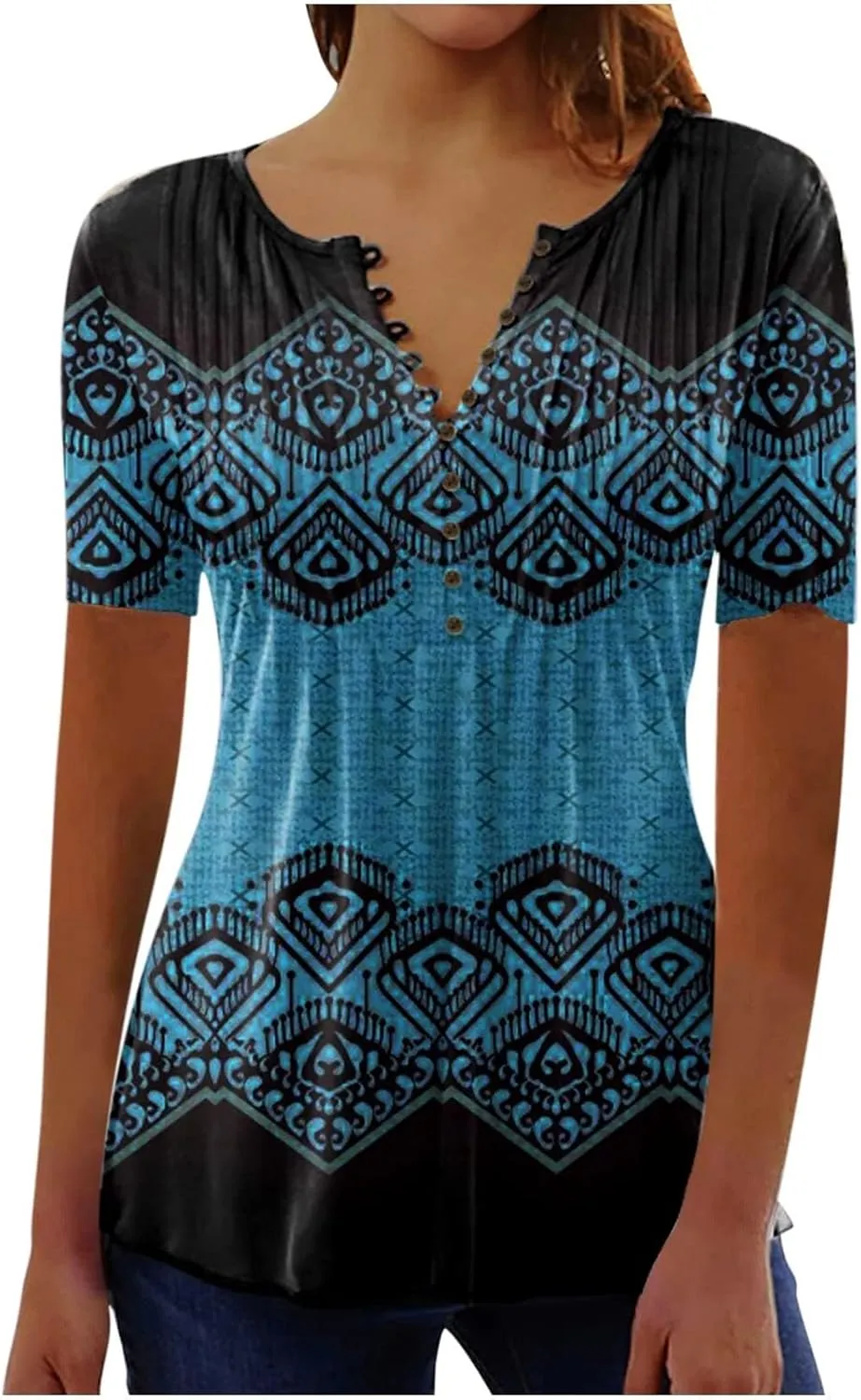 Summer Tops for Women 2025 Trendy Boho Floral Tunic Shirts Short Sleeve Button V Neck Tee Dressy Casual Loose Blouses
