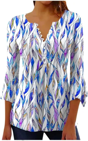 Summer Tops for Women Trendy Boho Vintage 3/4 Sleeve Tunic Blouse V-Neck T-Shirt Casual Floral Spring Fashion Outfits