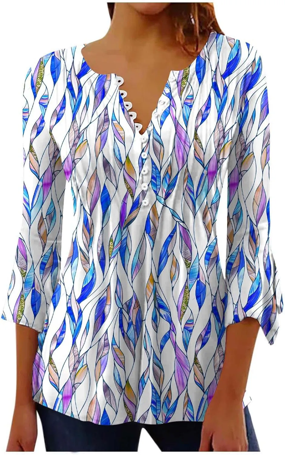Summer Tops for Women Trendy Boho Vintage 3/4 Sleeve Tunic Blouse V-Neck T-Shirt Casual Floral Spring Fashion Outfits