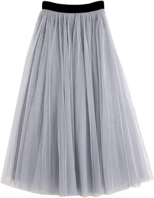 Summer Tulle Skirts, Womens Midi Pleated Skirts, Black Tulle Skirt, Spring Elastic High Waist Mesh Tutu Skirts
