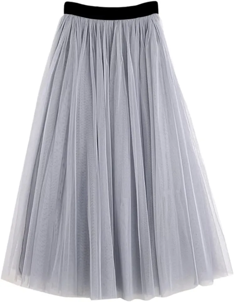 Summer Tulle Skirts, Womens Midi Pleated Skirts, Black Tulle Skirt, Spring Elastic High Waist Mesh Tutu Skirts