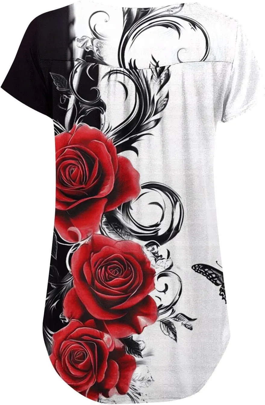 Summer Tunic Tops for Women 2025 Casual Short Sleeve Buttons Tshirts Pleated Henley Shirts Floral Print Ladies Blouse