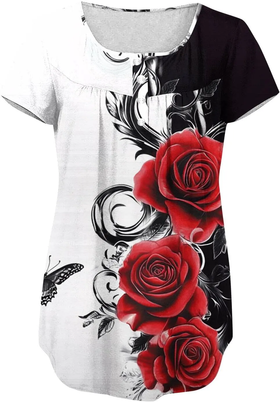 Summer Tunic Tops for Women 2025 Casual Short Sleeve Buttons Tshirts Pleated Henley Shirts Floral Print Ladies Blouse