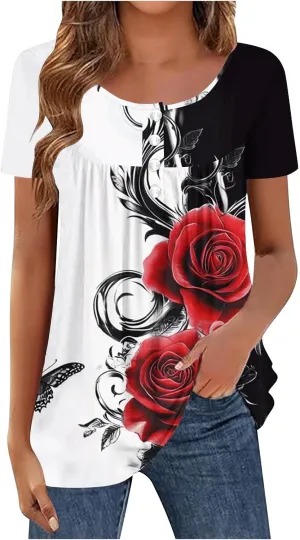 Summer Tunic Tops for Women 2025 Casual Short Sleeve Buttons Tshirts Pleated Henley Shirts Floral Print Ladies Blouse