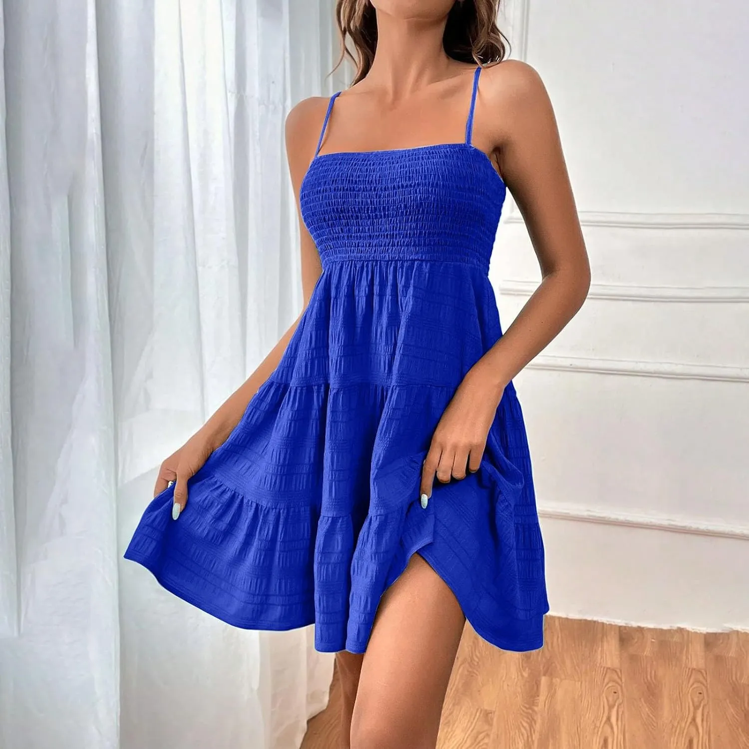 Sundress for Women 2024 Casual Plus Size Beach Vacation Dresses Smocked Flowy Boho Spaghetti Strap A-Line Mini Dress