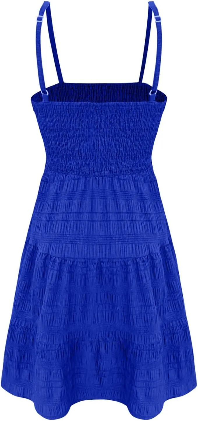 Sundress for Women 2024 Casual Plus Size Beach Vacation Dresses Smocked Flowy Boho Spaghetti Strap A-Line Mini Dress