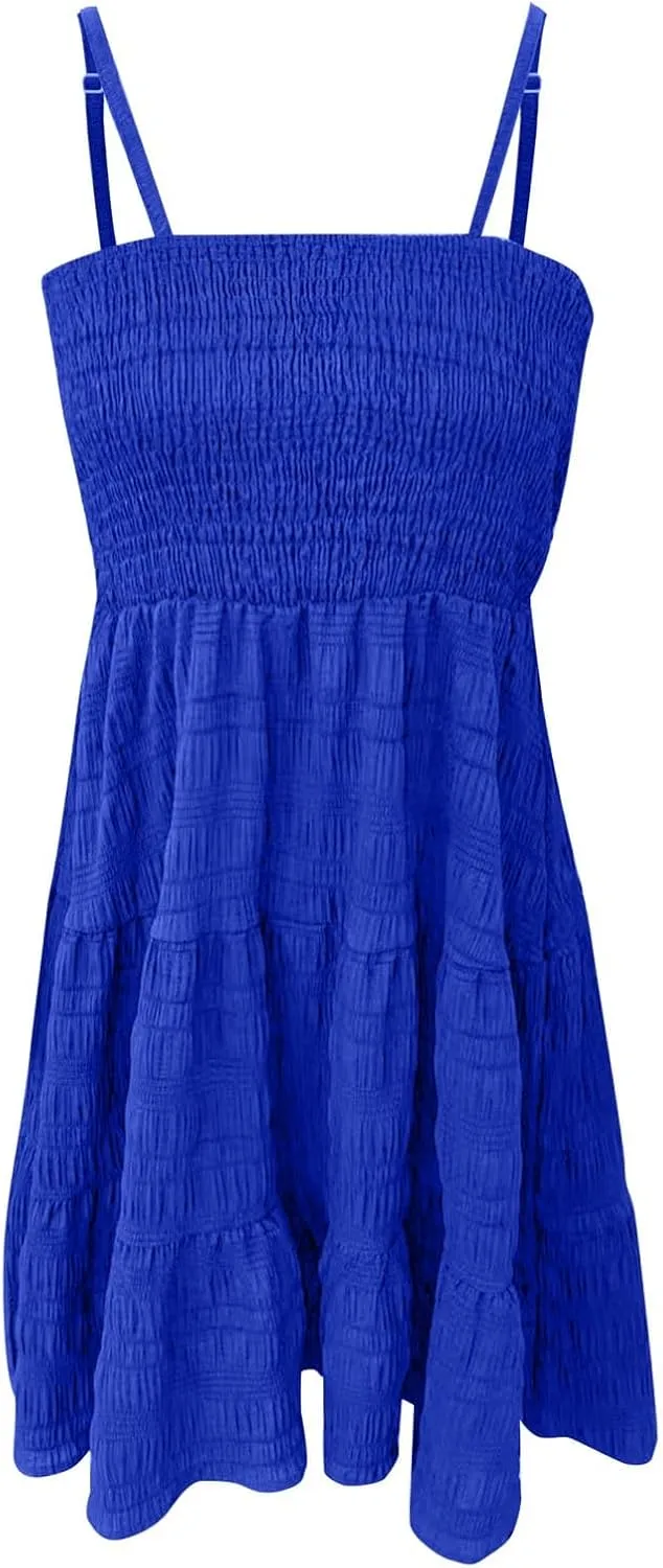 Sundress for Women 2024 Casual Plus Size Beach Vacation Dresses Smocked Flowy Boho Spaghetti Strap A-Line Mini Dress