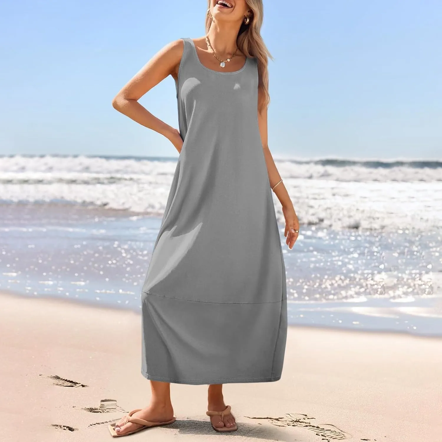 Sundresses for Women 2025 Casual Summer Beach Maxi Dress Scoop Neck Sleeveless Flowy Tank Dress Vacation Outfits