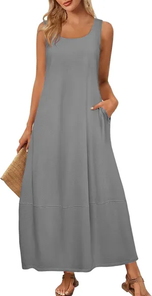 Sundresses for Women 2025 Casual Summer Beach Maxi Dress Scoop Neck Sleeveless Flowy Tank Dress Vacation Outfits