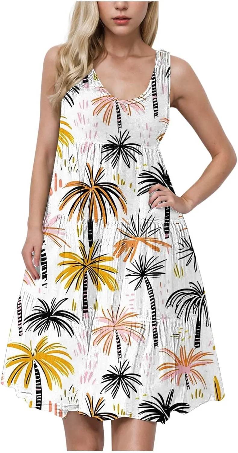 Sundresses for Women 2025 Floral Sleeveless Tank Mini Dress Boho Loose Fit A Line Ruffle Dress Loose Summer Sundress