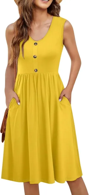 Sundresses for Women 2025 Sleeveless Midi Dress with Pockets V Neck Button Down Summer Dresses for Baech Vacation