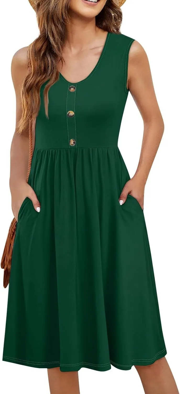 Sundresses for Women 2025 Sleeveless Midi Dress with Pockets V Neck Button Down Summer Dresses for Baech Vacation