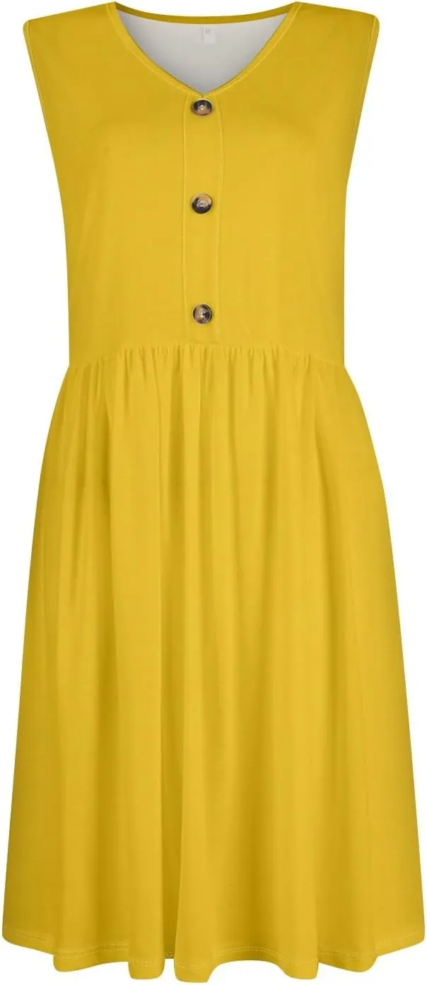 Sundresses for Women 2025 Sleeveless Midi Dress with Pockets V Neck Button Down Summer Dresses for Baech Vacation
