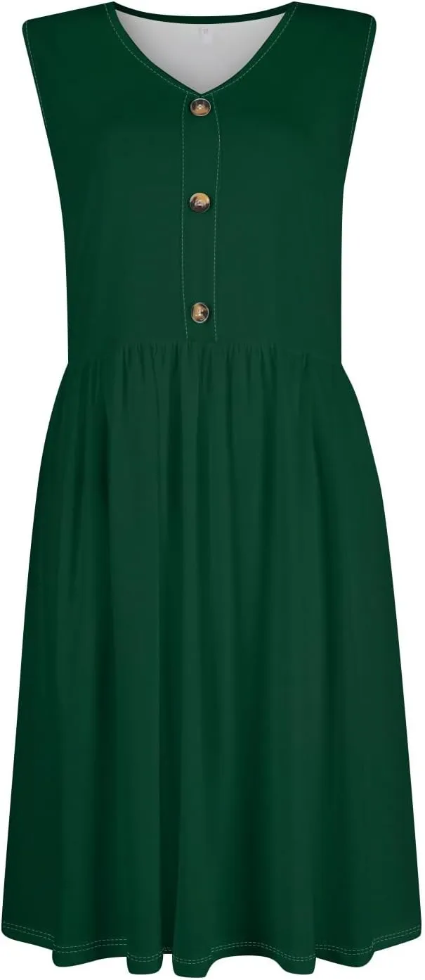 Sundresses for Women 2025 Sleeveless Midi Dress with Pockets V Neck Button Down Summer Dresses for Baech Vacation