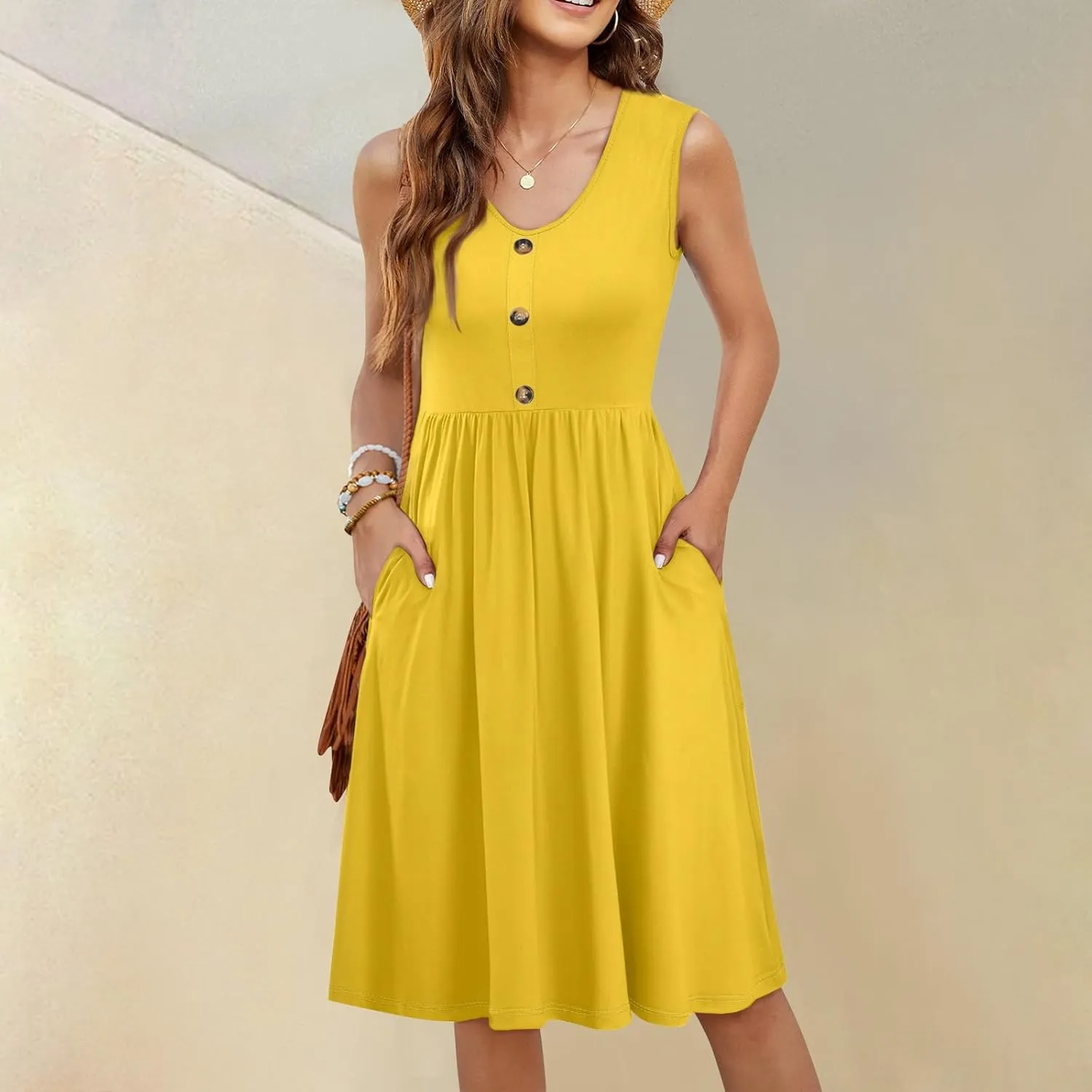 Sundresses for Women 2025 Sleeveless Midi Dress with Pockets V Neck Button Down Summer Dresses for Baech Vacation
