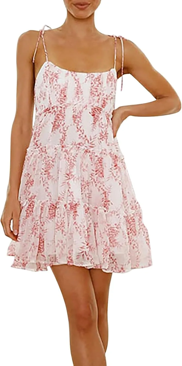 Sundresses for Women 2025 Summer Floral Spaghetti Strap Layered Ruffle Mini Dress Flowy Chiffon Milkmaid Dress