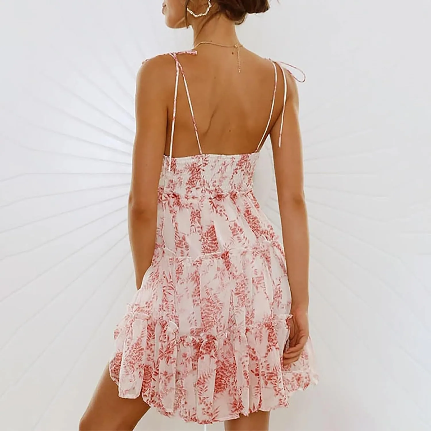 Sundresses for Women 2025 Summer Floral Spaghetti Strap Layered Ruffle Mini Dress Flowy Chiffon Milkmaid Dress