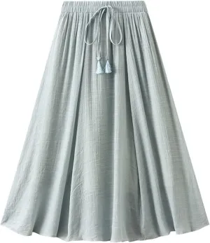 TANGNADE Women's Bohemian Elastic Waist Band Cotton Linen Flowy Maxi Skirt Dress Fashion Trendy Summer Beach Casual Skirts