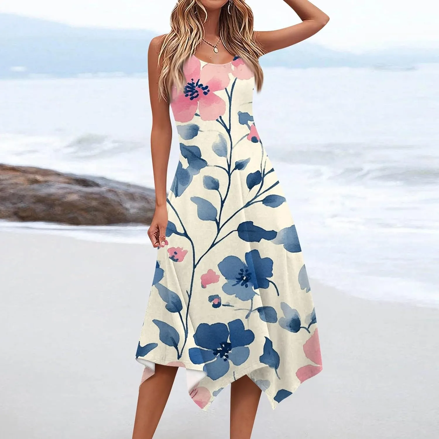 Tank Dress for Women Summer Midi Sleeveless Irregular Hem Plus Size Dress U-Neck Cocktail Dresses A Line with Pockets
