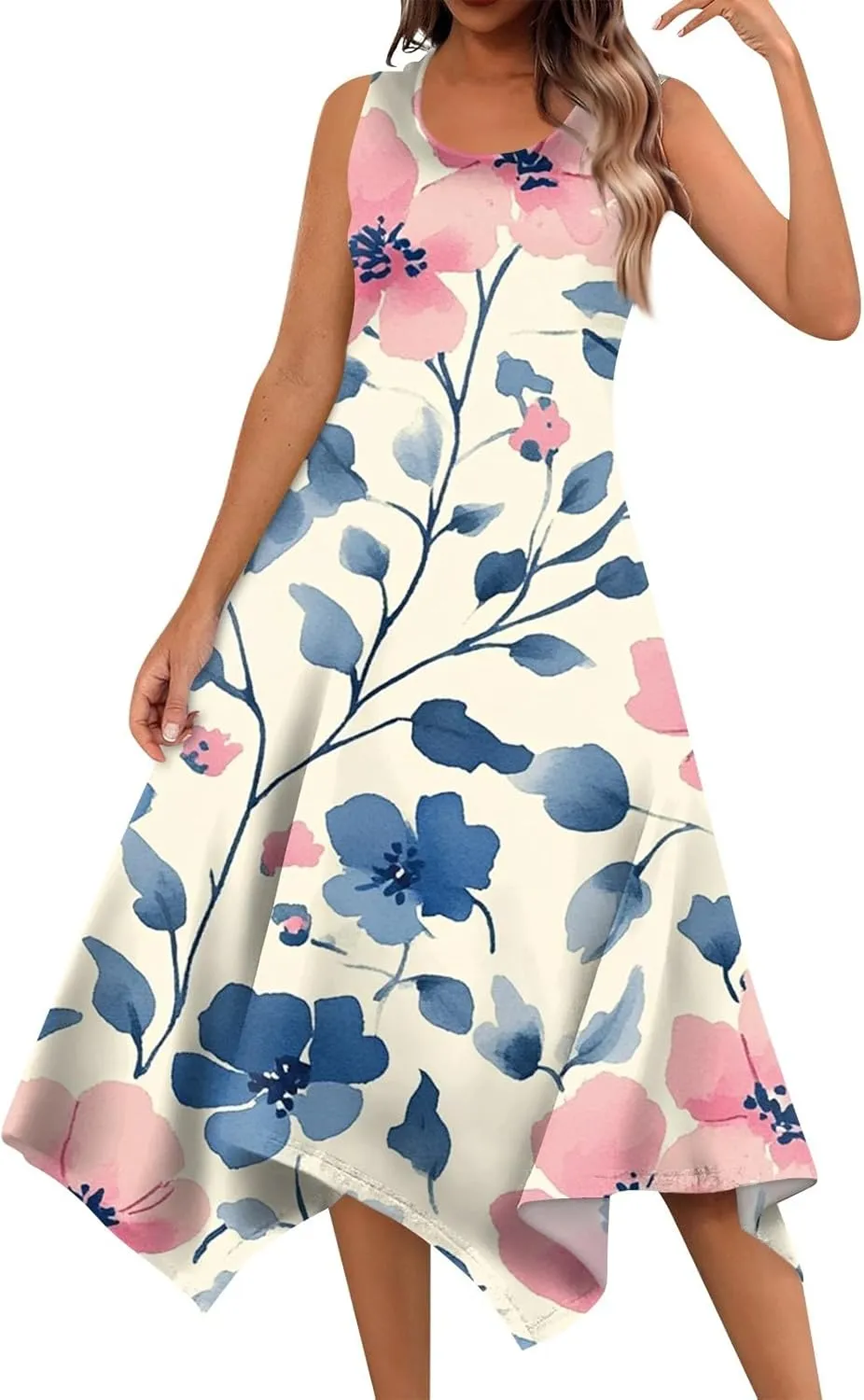 Tank Dress for Women Summer Midi Sleeveless Irregular Hem Plus Size Dress U-Neck Cocktail Dresses A Line with Pockets